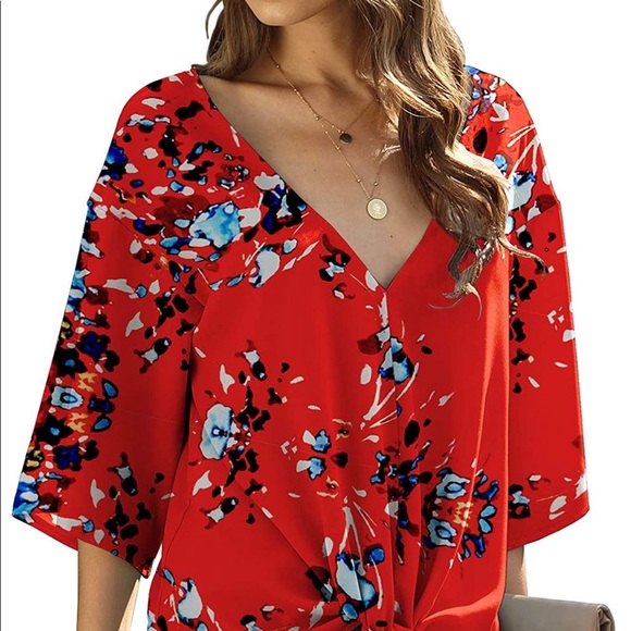 Tie Front Tops 3/4 Sleeve Loose V-Neck Blouse - Picture 4 of 10